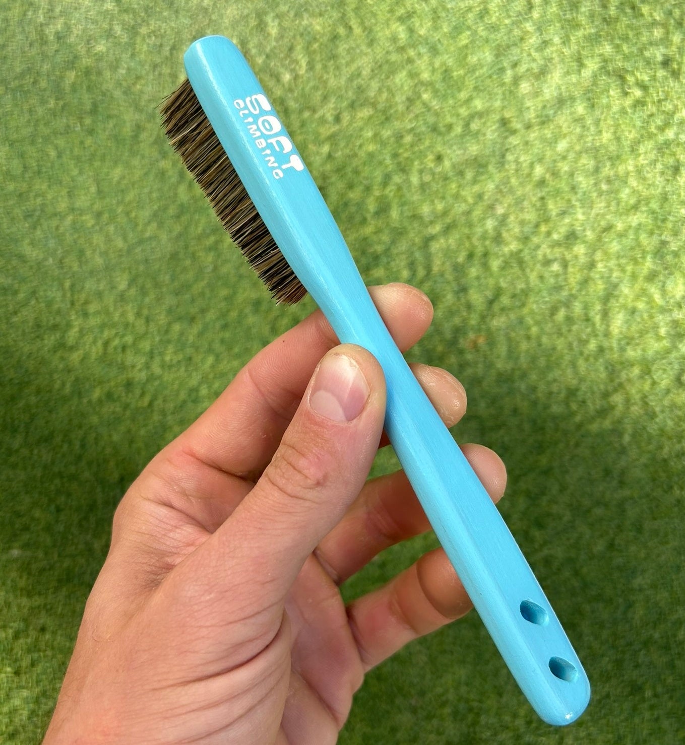 Hand holding a blue brush with brown bristles against a green background